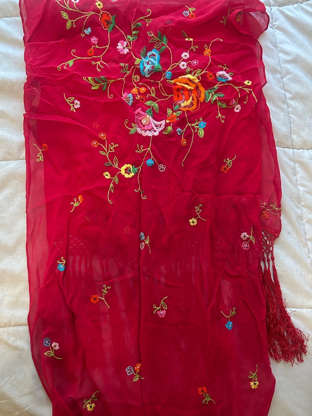 Re/Done Bright Red Floral Embroidered Scarf with Fringe Detail